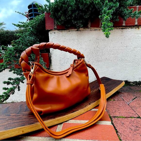 Billini Braided Handle Jovie Handbag Crossbody Convertible Boho Caramel Brown - Picture 2 of 8